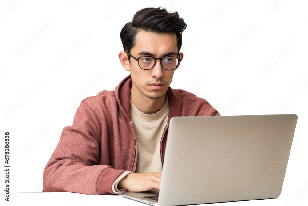 Man sitting at table using laptop computer. Suitable for business, technology, and remote work concepts Man sitting at table using laptop computer. Suitable for business, technology, and remote work concepts