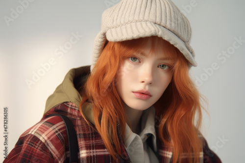 Woman with red hair wearing hat. This image can be used for fashion, lifestyle, or outdoor-themed projects © vefimov