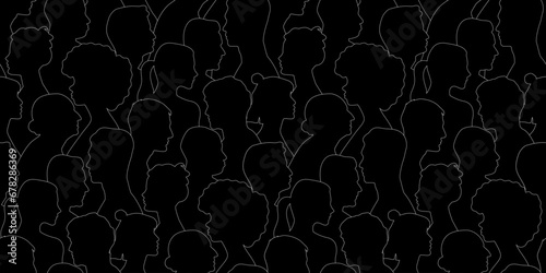 Diverse people crowd silhouette abstract art seamless pattern. Multi-ethnic community, cultural diversity group background drawing illustration in black and white.