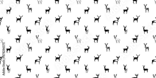 Hand drawn christmas deer seamless pattern illustration. Black and white reindeer doodle background for festive xmas celebration event. Holiday animal texture print, december decoration wallpaper.