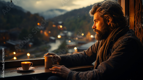 A wide horizontal photo banner image of tired man thinking and looking outside from a topical hotel window and holding a coffee glass in a cold day and misty mountain background