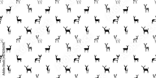 Hand drawn christmas deer seamless pattern illustration. Black and white reindeer doodle background for festive xmas celebration event. Holiday animal texture print, december decoration wallpaper.
