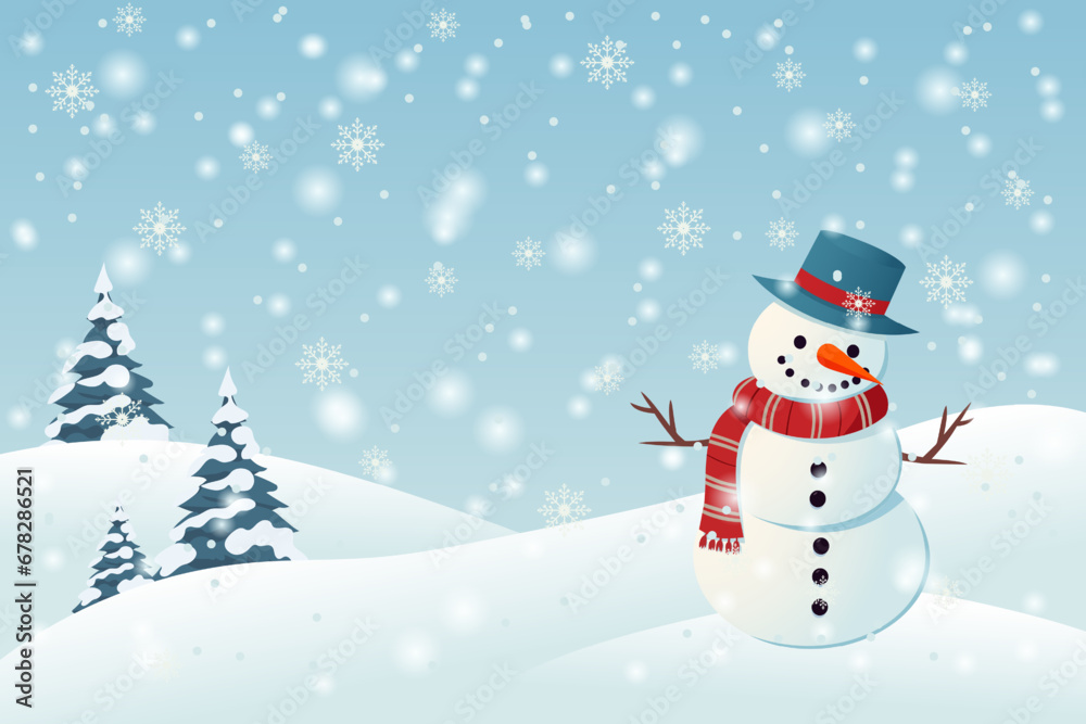 Snowman with a red scarf and hat against a background of snowdrifts and fir trees in snowy weather. Christmas or New Year cartoon flat vector illustration for poster, card, banner or cover.