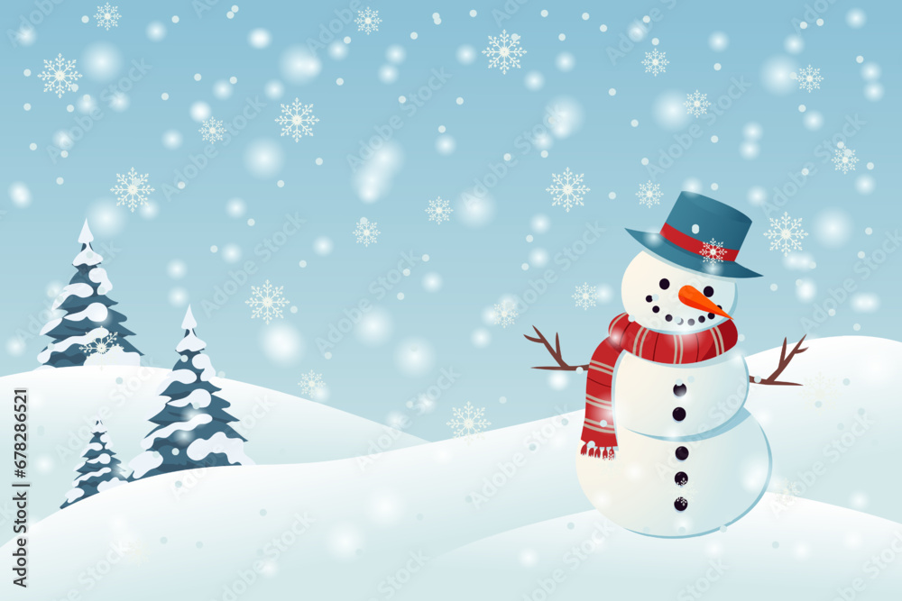 Snowman with a red scarf and hat against a background of snowdrifts and fir trees in snowy weather. Christmas or New Year cartoon flat vector illustration for poster, card, banner or cover. Snowman with a red scarf and hat against a background of snowdrifts and fir trees in snowy weather. Christmas or New Year cartoon flat vector illustration for poster, card, banner or cover.