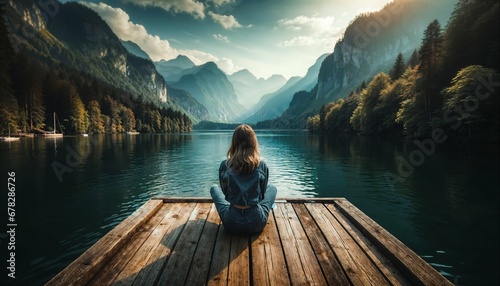Young woman meditating on wooden pier with waterfall backdrop - serene nature photography #678286726