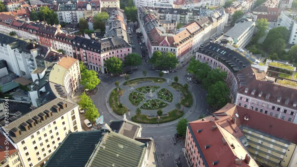 Gärtnerplatz square in the city of Munich seen from aerial top view in summer