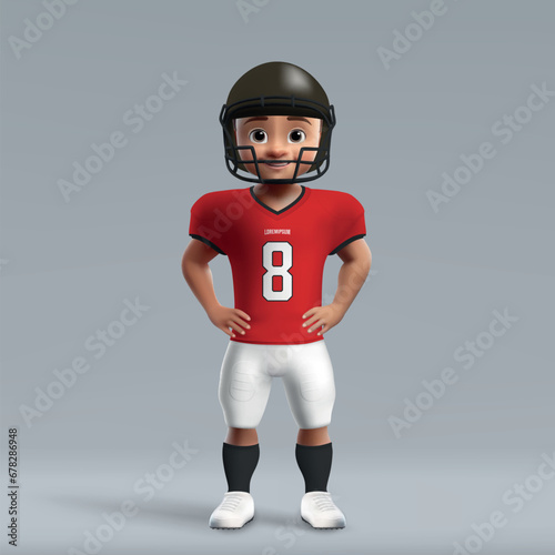 3d cartoon cute young american football player in Tampa Bay uniform.
