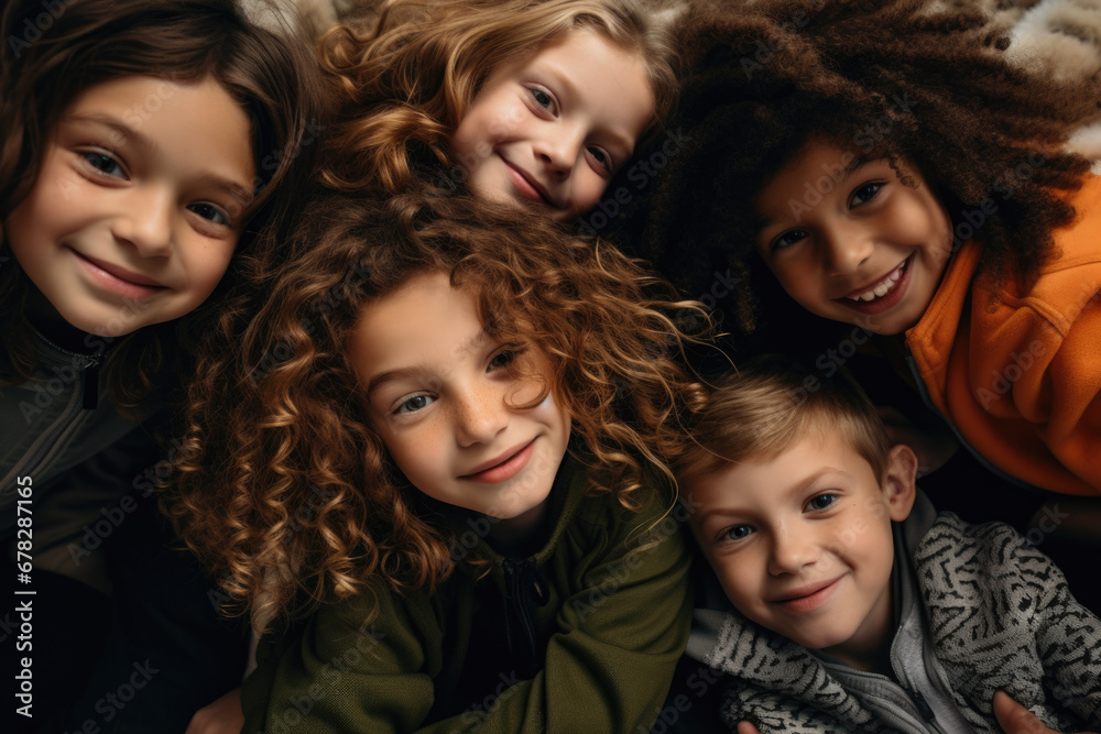 Group of children lying on top of each other. This image can be used to depict friendship, teamwork, or fun