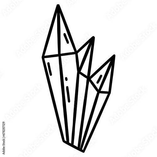 Figured crystal diamond. Gemstone magic. Crystal with consciousness, conducting pure energies. Black and white vector isolated illustration hand drawn doodle. Icon single element