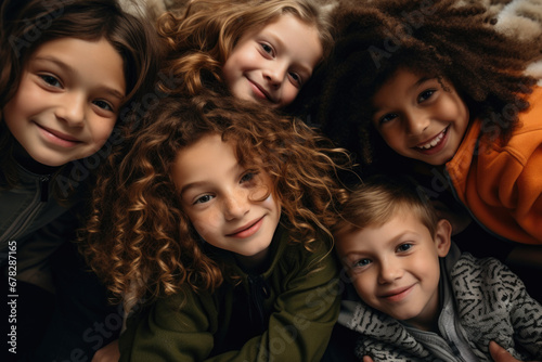 Group of children lying on top of each other. This image can be used to depict friendship, teamwork, or fun