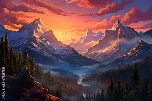 Mountain range at amazing sunset. Poster, wall art design. Ai Generative © ArtmediaworX