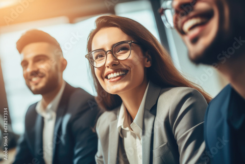 Group of people sitting at table, all smiling happily. This image can be used to depict teamwork, collaboration, or friendly gathering