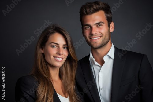 Man and woman standing together, posing for photograph. This image can be used for various purposes, such as illustrating relationships, couples, or capturing moments of togetherness