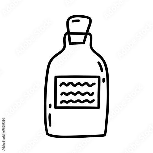 Vintage small bottle with cork, jar for drinks, spices, potions. Black and white vector isolated illustration hand drawn doodle. Love potion, magic elixir, container icon