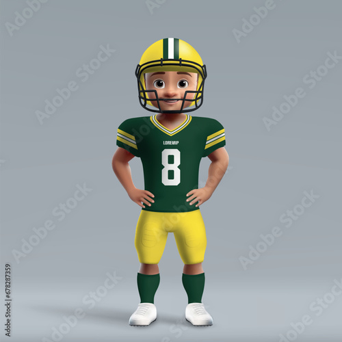 3d cartoon cute young american football player in Green Bay uniform. photo
