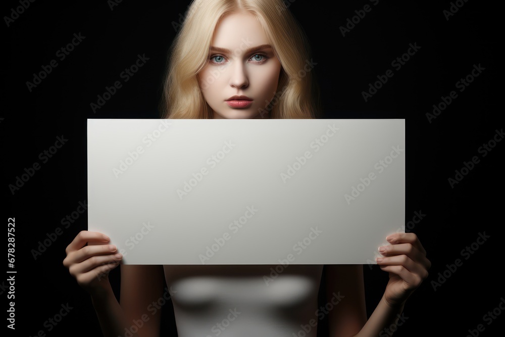 Naklejka premium Young woman holding a blank sign, excited woman holding empty blank board for black friday advertising and markting banner, poster