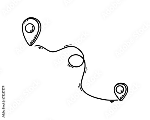 Map pin location in doodle sketch style. Handdrawn route. GPS points way. Trip planning concept