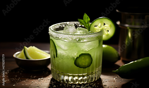 Title: "Zesty Refreshment: Cucumber Margarita with Lime and a Spicy Rim