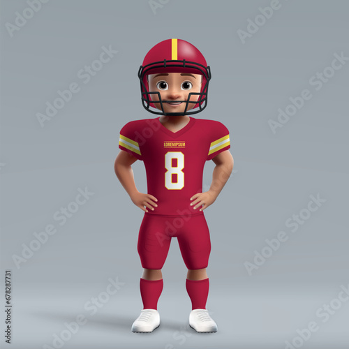 3d cartoon cute young american football player in Washington uniform.