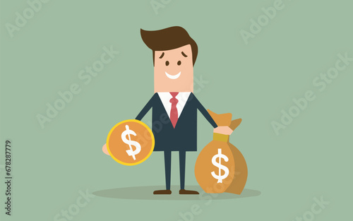 Vector cartoon businessman in a suit holding money bag and a coin for design