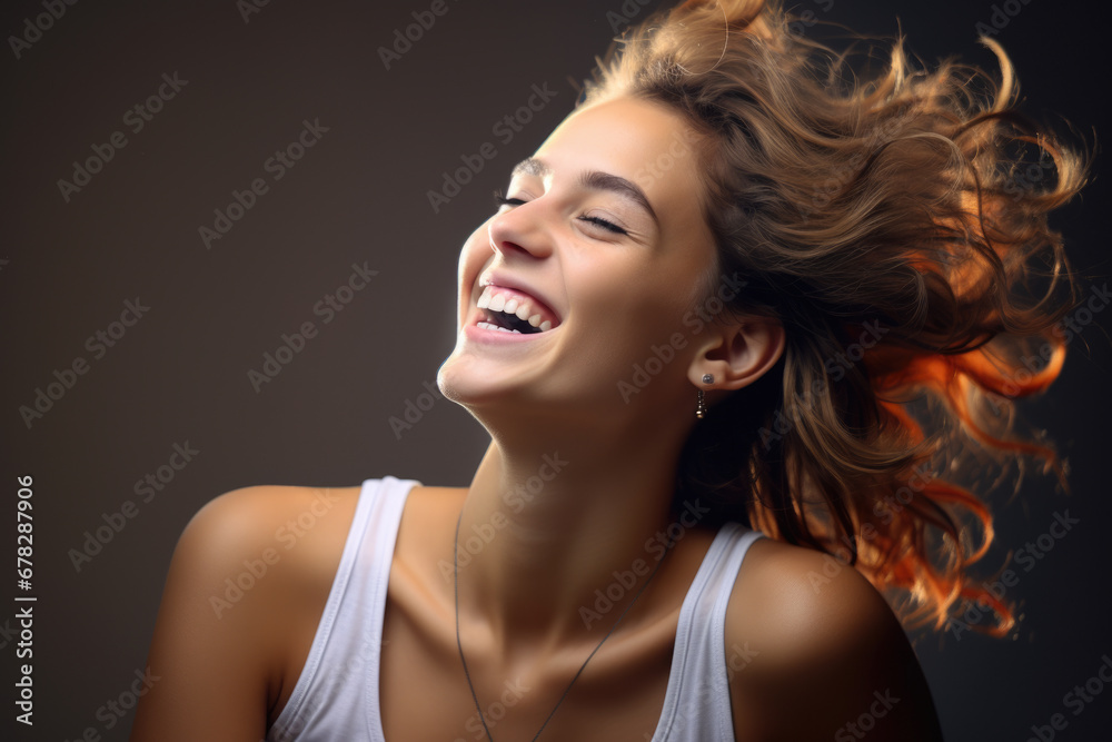 Fototapeta premium Beautiful young woman with joyful expression on her face, laughing while her hair is being blown by wind. This image can be used to portray happiness, carefree spirit, and sense of freedom