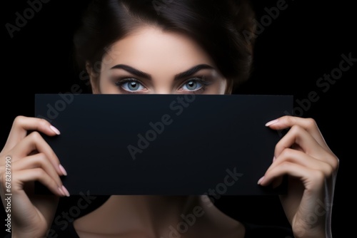 Young woman holding a blank sign, excited woman holding empty blank board for black friday advertising and markting banner, poster photo