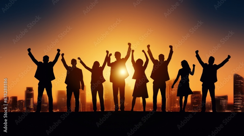 Silhouette of business team stand and feel happy on the most hight at stand on sunset, success, leader, teamwork, target, Aim, confident, achievement, goal, on plan, finish, generate by AI