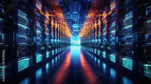 Shot of Corridor in Working Data Center Full of Rack Servers and Supercomputers with Internet connection Visualization Projection  technology  digital  futuristic  future 
