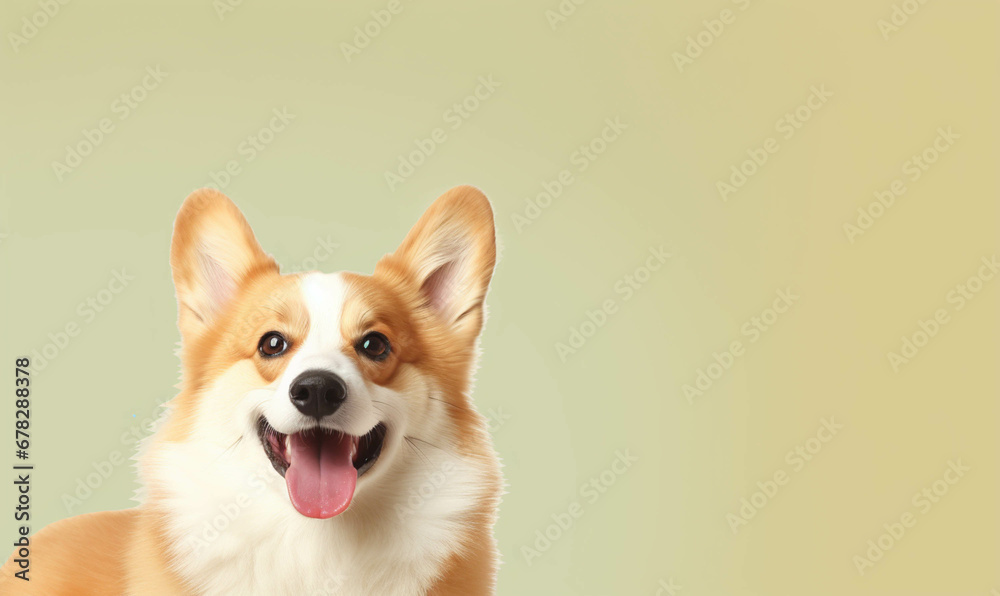 Corgi Closeup portrait of funny, cute, happy white dog, looking at the camera with mouth open isolated on colored background. Copy space.