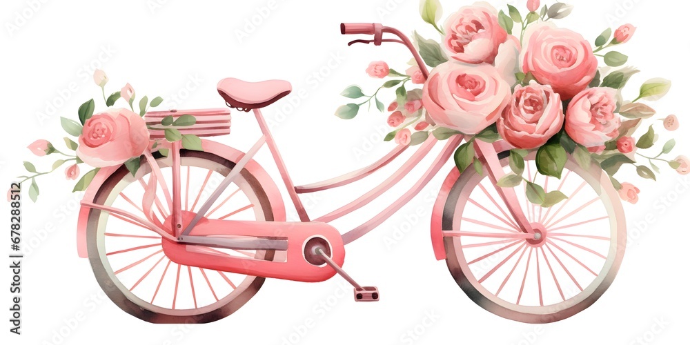 There is a bicycle on a pure white background with watercolor roses and romantic elements in the basket flat vector