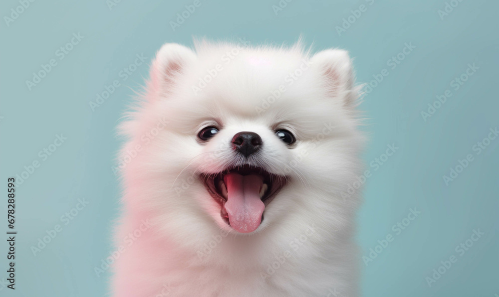 pomeranian Closeup portrait of funny, cute, happy white dog, looking at the camera with mouth open isolated on colored background. Copy space.