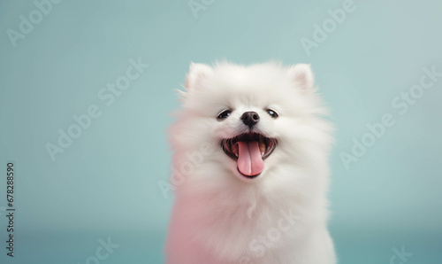 pomeranian Closeup portrait of funny, cute, happy white dog, looking at the camera with mouth open isolated on colored background. Copy space.