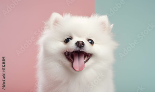 pomeranian Closeup portrait of funny, cute, happy white dog, looking at the camera with mouth open isolated on colored background. Copy space. © Maggie