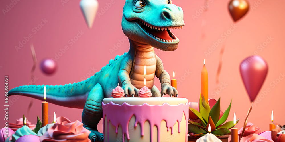 Fototapeta premium Cartoon Dinosaur Celebrates Birthday with Pink Cake: A cartoon dinosaur celebrates his birthday with a pink cake, surrounded by balloons and streamers.