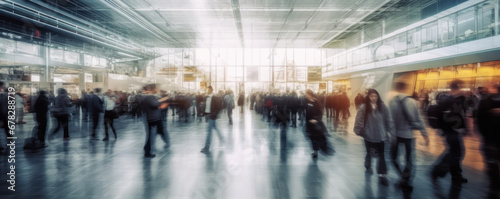 Transportation in Motion: Busy Airport Terminal with Rushing Crowds. 