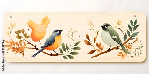 Watercolor flat vector illustration of a blank wooden board with birds and leaves on a pure white background and nothing else