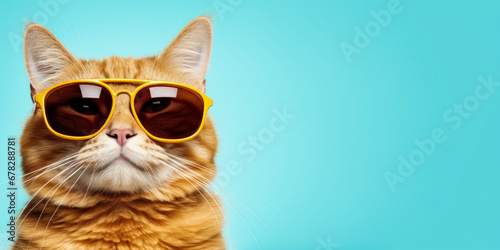 Closeup Portrait of Funny Ginger Cat Wearing Sunglasses Isolated on Light Cyan