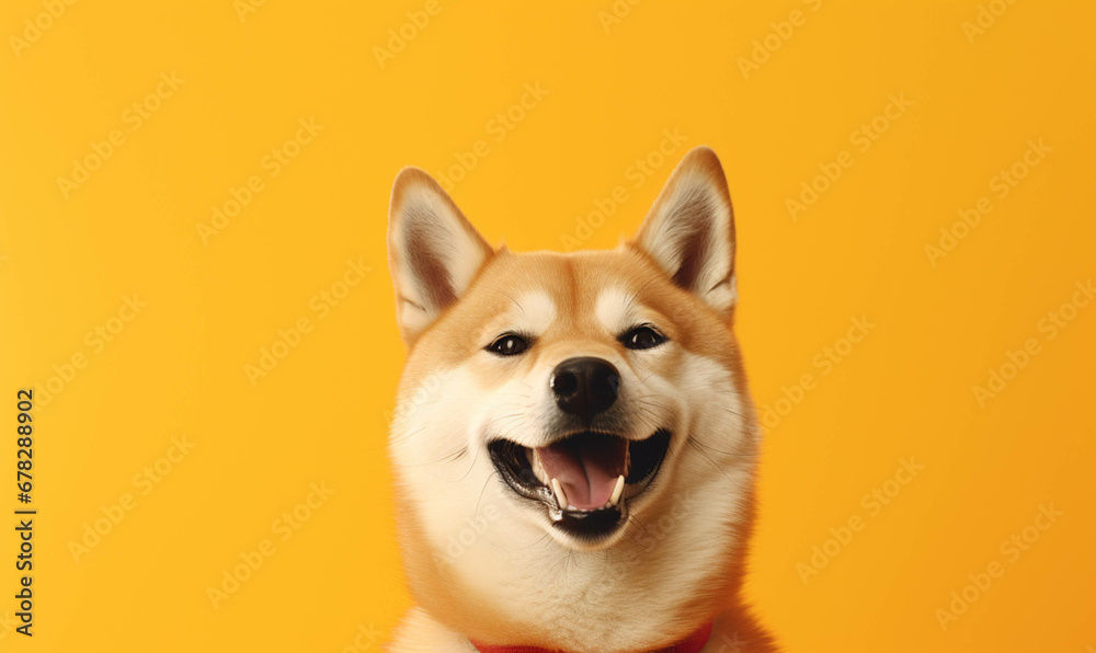 Shiba  Closeup portrait of funny, cute, happy white dog, looking at the camera with mouth open isolated on colored background. Copy space.