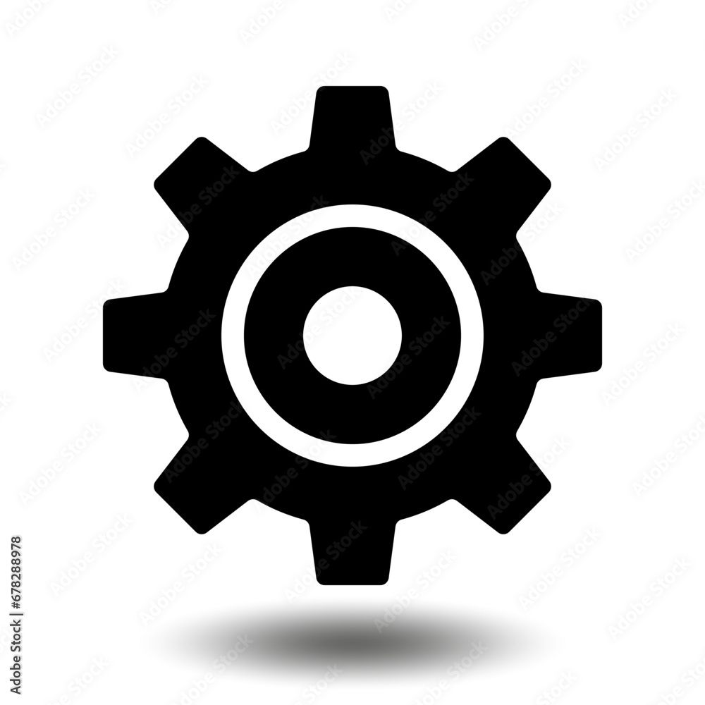 Black gear icon. Machine sprocket gear icon. Flat design. Vector cogwheel sign symbol on a white background. Black gear icon. Machine sprocket gear icon. Flat design. Vector cogwheel sign symbol on a white background.