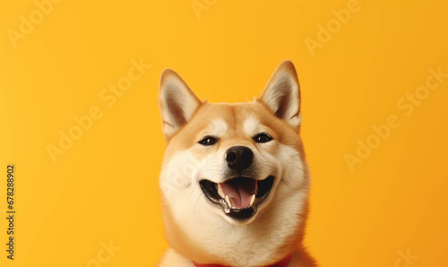 Shiba  Closeup portrait of funny, cute, happy white dog, looking at the camera with mouth open isolated on colored background. Copy space. © Maggie