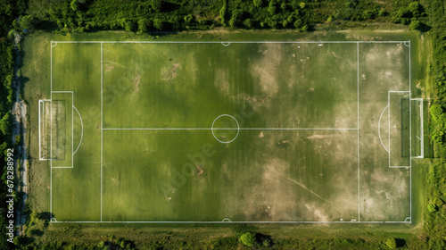 Aerial view of a sports field with soccer lines on it.