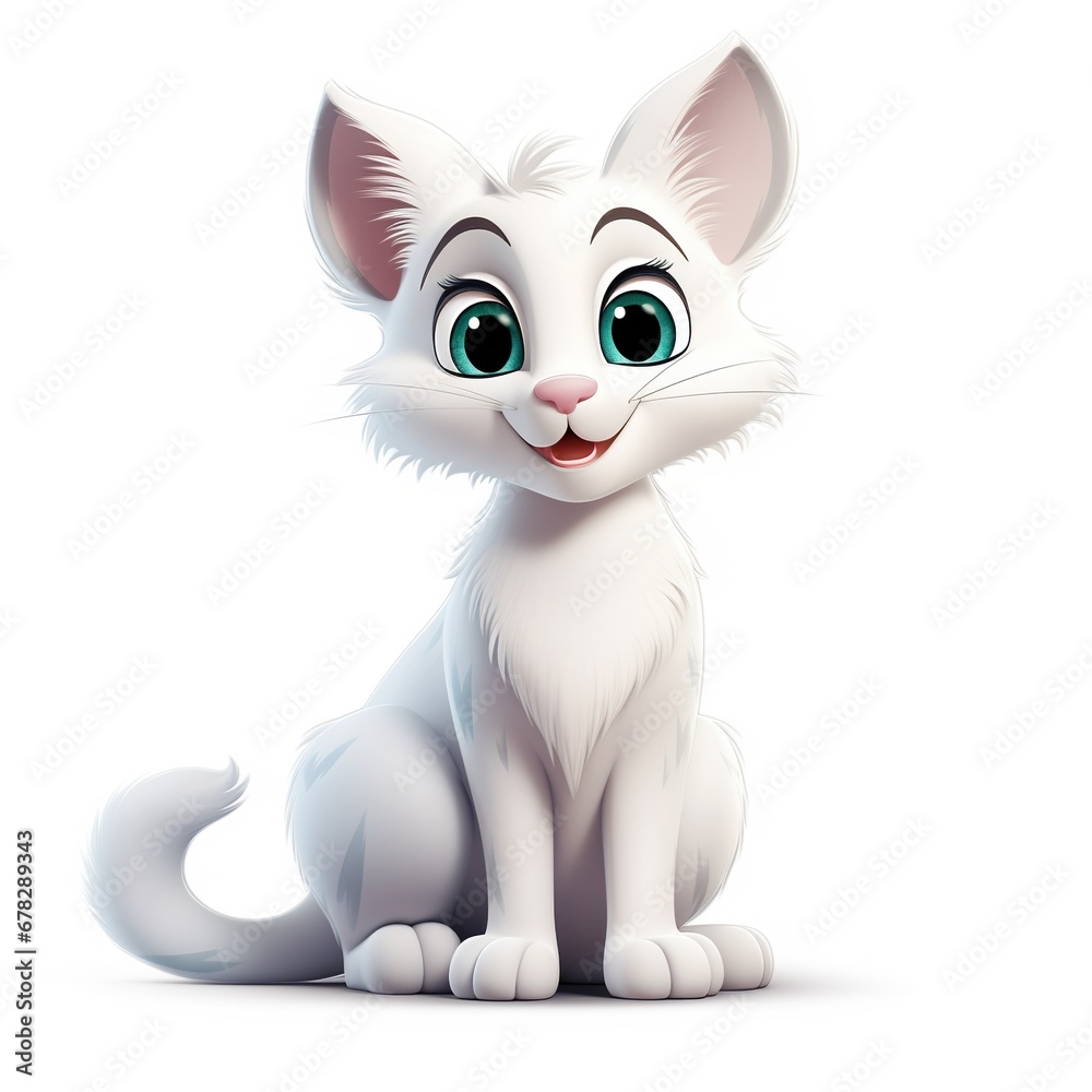 A cartoon white kitten with large green eyes and a fluffy tail sits with wide-open eyes and a slightly open mouth.