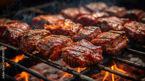 Meat hanging on skewers on the grill.