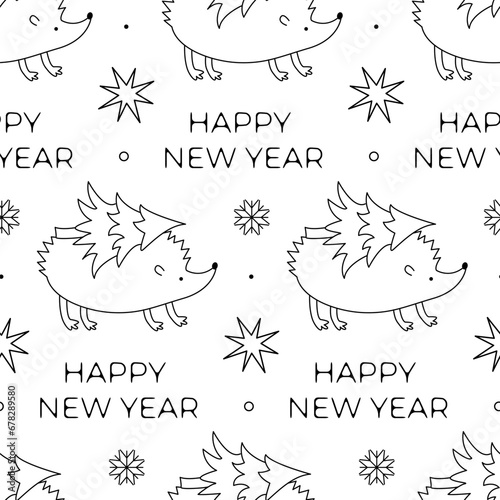 Christmas seamless pattern with hedgehog and greeting text. Line vector illustration. Holiday winter background with animal, Christmas tree and festive decorations.