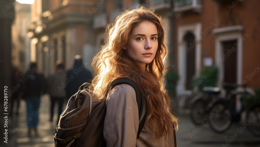 A young woman with long red hair in a coat standing on a city street.