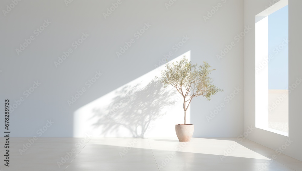 A minimalist room with white walls and a large window through which sunlight penetrates, creating a shadow from a lone tree in a pot. A minimalist room with white walls and a large window through which sunlight penetrates, creating a shadow from a lone tree in a pot.