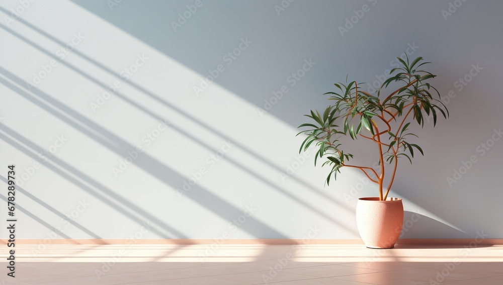 A minimalist room with white walls, playing with light, casting a shadow from a lone green plant in a pot on the floor. A minimalist room with white walls, playing with light, casting a shadow from a lone green plant in a pot on the floor.