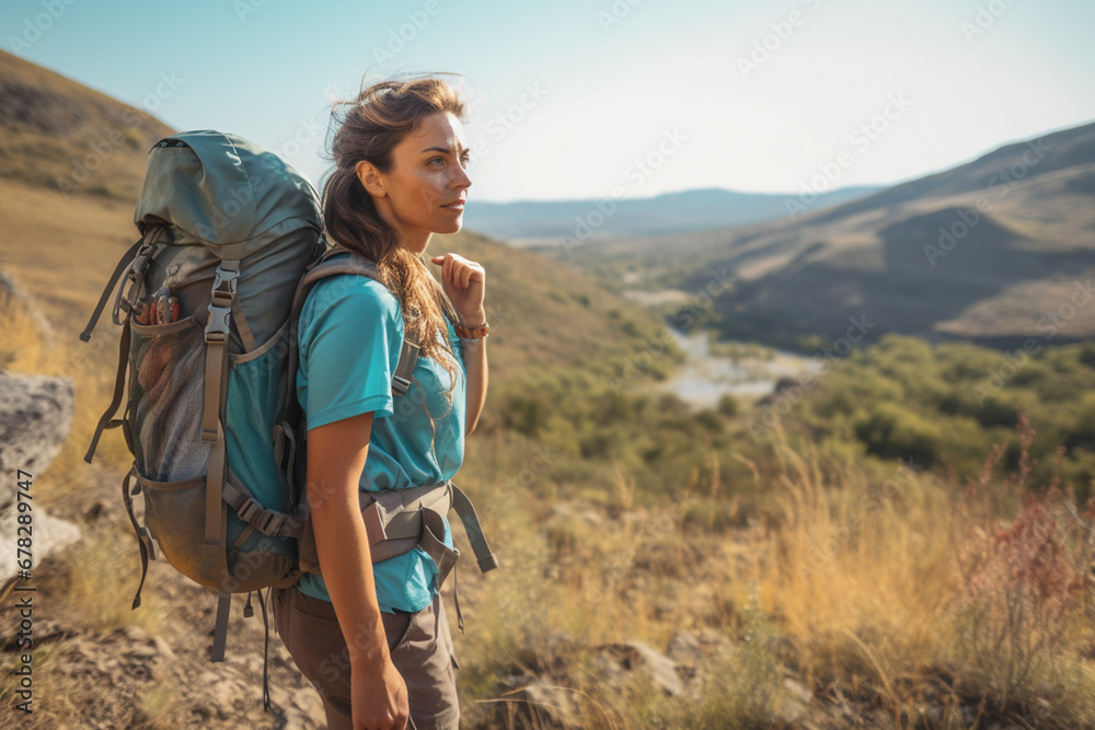 Adventurous Mature Woman Explores Vast Untouched Landscape with Trekking Backpack AI generated