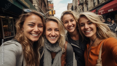 group of female friend selfie group shot in holiday weekend vacation travel in urban city downtown casual relax travel tour lifestyle photo