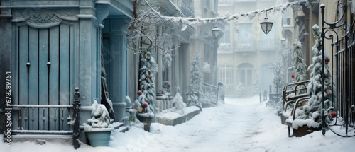 Snowy street in the old town of Lviv, Ukraine.